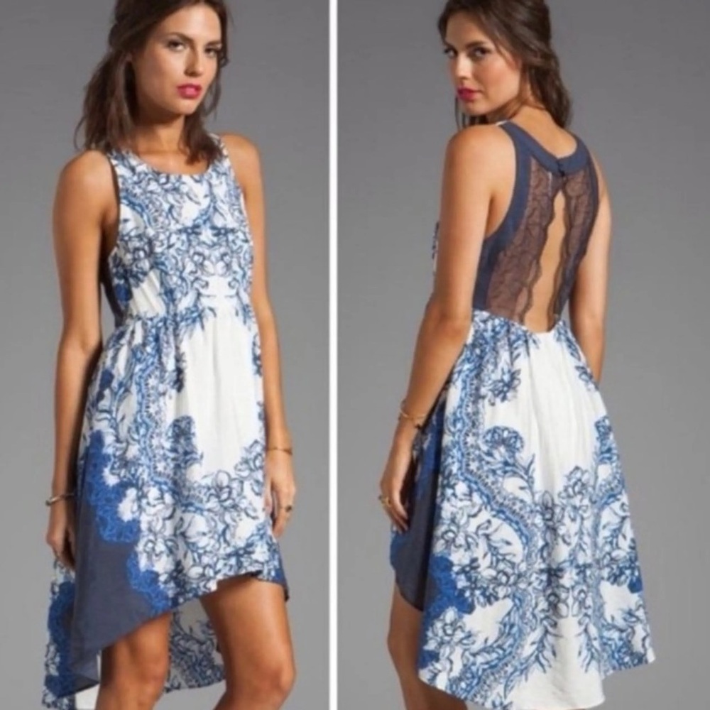 Free People: Floral Blue and White High-Low Dress with Sheer Racerback. Size XS.